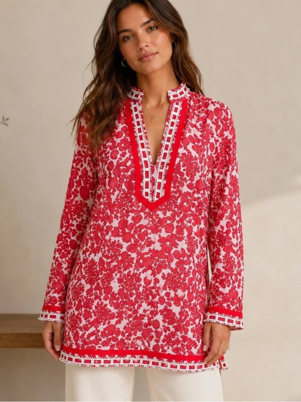 Tory Burch Womens Tunic Top Red Floral Beaded
Lattice Resort Coas